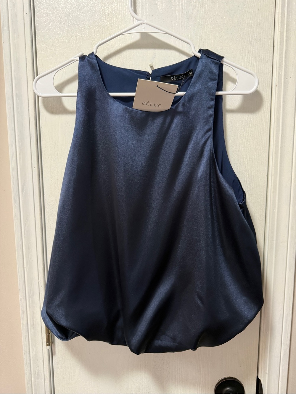 Deluc Navy Satin Bubble Hem Sleeveless Top NWT